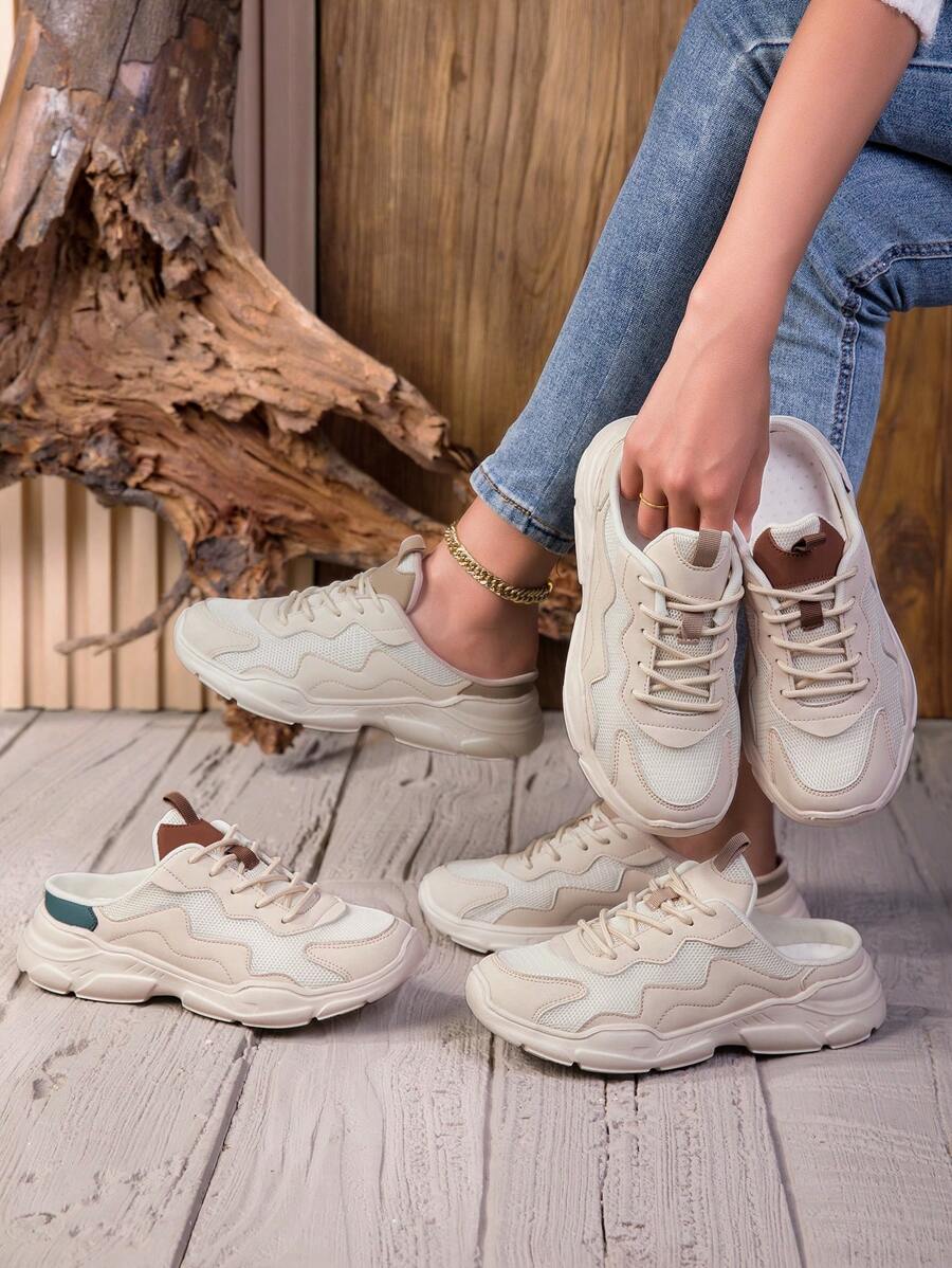 1 Pair Teens' Half-Heel Chunky Sneakers, Breathable Mesh Upper, Non-Slip Sole, Lace-Up Contrasting Color Design, Stylish & Versatile Casual Sneaker