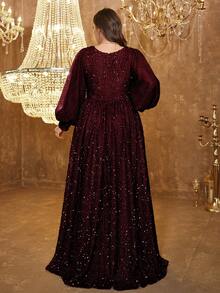 UNITHORSE Oblique Collar Glittering Lantern Sleeve Waist Ruched Flowy Sequins Party Dress, Bride Dress, Birthday Women Outfits, Graduation Dress, Formal Dress, Fall Women Clothes - Burgundy - View 2