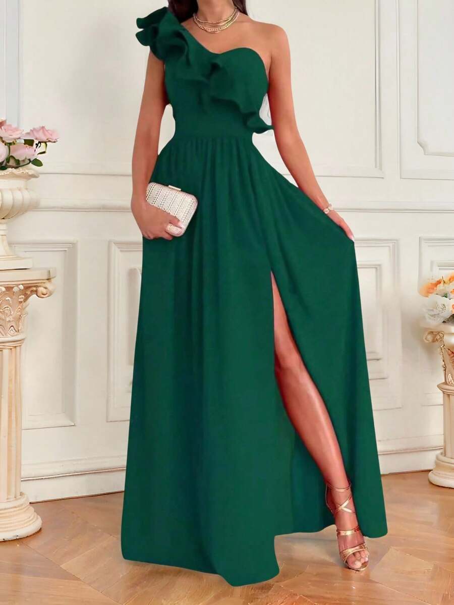 Vestido Con Abertura Elegante Fiestas De Noche Mujer, Vestidos Para Fiestas Elegantes,Vestido De Noche De Fiesta Con Un Hombro Para Mujer,Vestidos De Fiesta,Vestidos Largos Elegantes - Verde - Ver 1