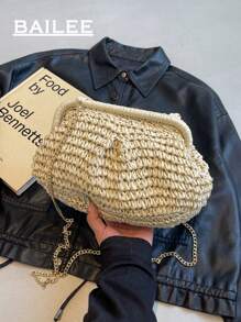 Bolso bandolera de mujer trenzado de verano con borla y cadena, bolso de playa tejido de papel con hombro, cartera hecha a mano, 1 bolso de embrague tejido de papel color beige claro para mujer, bolsas de playa, artículos esenciales de vacaciones, perfecto para vacaciones de verano, opción ideal para damas de moda