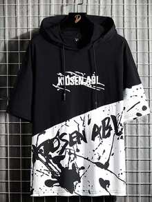 New Design Men Fashion Splash Ink Hooded Short Sleeve Hoodie - Black - View 1