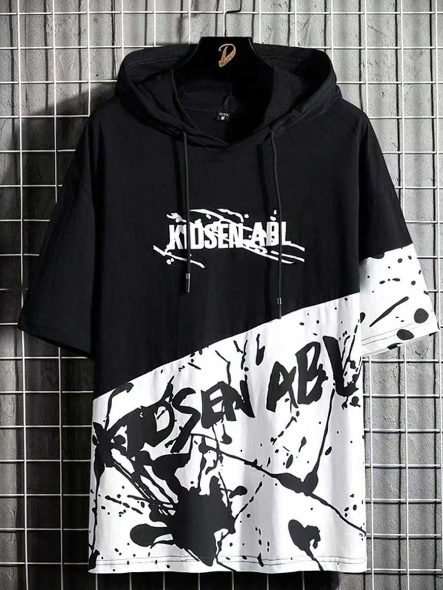 New Design Men Fashion Splash Ink Hooded Short Sleeve Hoodie - Black - View 1