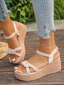 1 Pair Summer Thick Sole Platform Sandals, Casual Versatile Footwear For Teenagers, Slightly Small Size - Beige - View 3