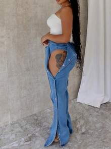 HERTALK Women's Sexy Hollow Button Design Spring And Autumn Straight Denim Trousers - màu xanh da trời - Xem 4