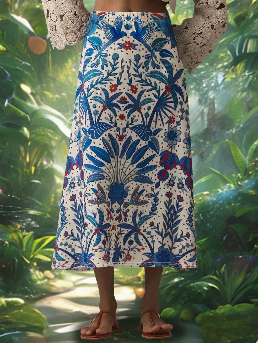 时尚轻盈优雅花卉印花休闲修身女裙，适合户外、居家、旅行和办公室穿着 - 卡其色 - 查看 1