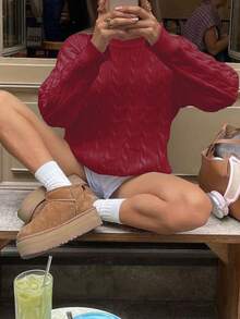 Áo len nữ dài tay cổ tròn dệt xoắn đơn sắc tối giản, kiểu dáng thời trang, thích hợp cho mùa xuân/thu, năm mới, ngày Valentine. - Đỏ sớm - Xem 2