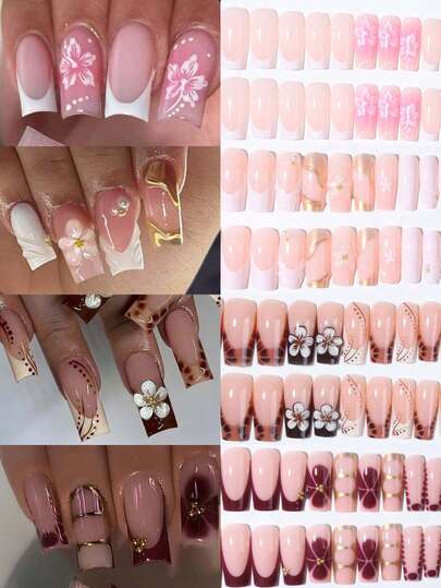96pcs (4 Mixed Styles) 3D Gel Nail Stickers, Featuring Floral Designs With Faux Pearls, Square French Tips, Rectangular Shapes For Perfect Acrylic Nail Application, Includes: 1 Jelly Gel And 1 Nail File, Easy To Wear, Pink French, Light Blue French, White French Nail Stickers, Suitable For Summer Nails, Ideal For Women's Daily Work, Parties And More Nail Supplies