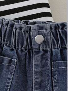 2 pezzi/set maglietta a maniche corte a righe a forma di cuore e pantaloncini di jeans per ragazze, adatto per l'estate