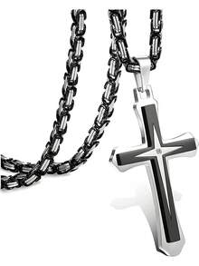 Milacolato Mens Cross Necklace Black Stainless Steel Byzantine Chain Crucifix Pendant Necklaces Croix Necklaces Jewellery, 22/24/30 Inches Chain Necklace - Black Silver - View 2