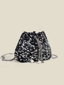 闪亮亮片迷你背包，链条抽绳水桶包，时尚礼品包，女士链条包，派对晚宴包 - 銀色 - 查看 7
