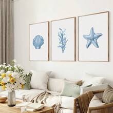 3 套无框蓝色夏季海岸墙艺术海报帆布印刷简约贝壳珊瑚海星航海海洋海滩别墅装饰画适用于公寓、客厅、卧室、现代家居装饰 - 彩色 - 查看 2
