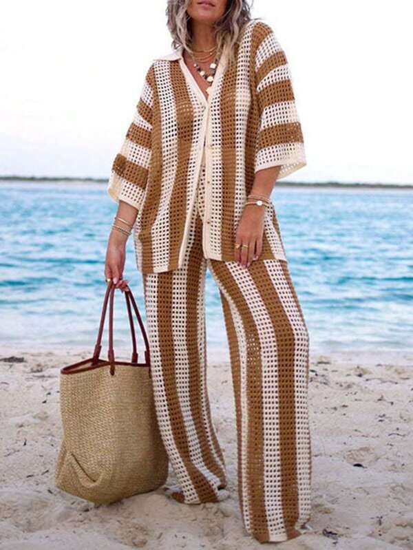 Conjunto de dos piezas con camisa de punto con botones y diseño calado a rayas, y pantalones de pierna ancha - Traje de suéter de otoño para la calle