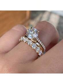 3 件女士订婚戒指套装，时尚奢华金色合金锆石装饰叠戴戒指婚礼派对新娘周年纪念情人节生日礼物 - 金色 - 查看 8