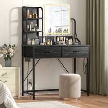 EnHomee Black Vanity Desk With Mirror And Lights, Small Makeup Vanity Desk With Fabric Drawers & Power Outlet, Modern Dressing Table For Bedroom, Black - 查看 8