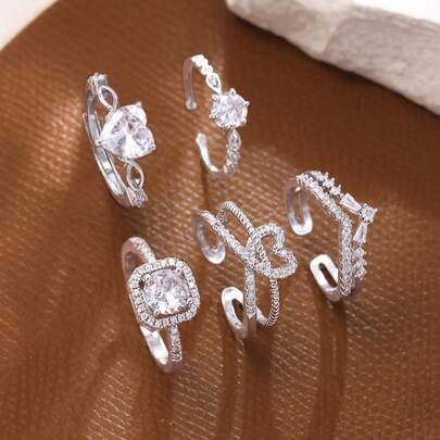 5pcs Elegant High-End Geometric Heart Shape Copper Material Synthetic Cubic Zirconia Women's Rings Set, Suitable For Party, Wedding, Holiday, Gift