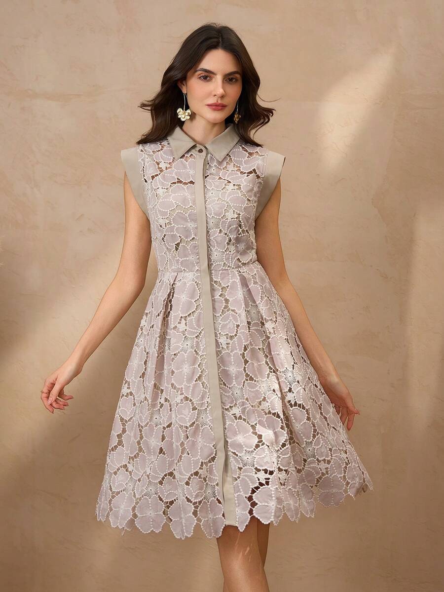 Vintage French Embroidered Floral Soft Fabric Peter Pan Collar Waist Pleated Youthful Elegant Dress