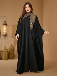 SUPGIR Plus Women's Mandarin Collar Batwing Sleeve Sequin Patchwork Satinn Temperament Elegant Slim-Fitting Evening Dress - Black - View 3