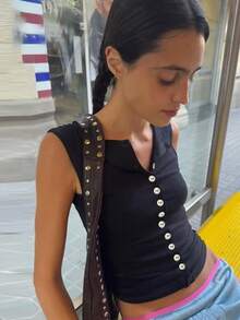 Women's Summer Solid Color Vest Sleeveless Round Neck Slim Fit Button Up Tank Tops - Black - View 3
