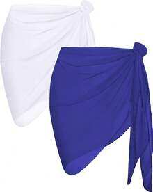CHICGAL 2 Pieces Women Beach Sarong Bathing Suit Wrap Skirt Sheer Bikini Swimsuit Cover Ups Swimwear - 白色和皇家藍色 - 查看 1