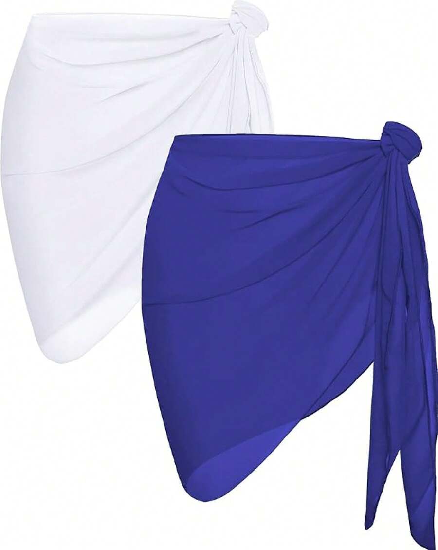 CHICGAL 2 Pieces Women Beach Sarong Bathing Suit Wrap Skirt Sheer Bikini Swimsuit Cover Ups Swimwear - 白色和皇家藍色 - 查看 1