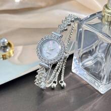Montre-bracelet à la mode et décontractée pour femme, joli cadran rond en métal, bracelet de luxe orné de strass, montre à quartz, cadeau