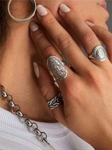 1 Piece Of Virgin Mary Pattern Long Oval Retro Fashion Copper Antique Silver Women's And Men's Open Ring, Suitable For Festival Parties And Dances - 復古銀色 - 查看 3