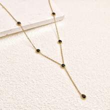 1pc 18K Gold Plated Stainless Steel Y-Chain Necklace With Black Zirconia Water Drop Tassel Pendant, Fashion Jewelry Suitable For Women's Daily Wear Or Holiday Gifts