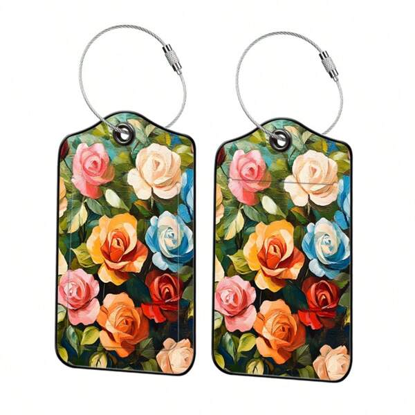 Conjunto de 2 etiquetas de bagagem com rosas artísticas, etiqueta de bagagem em material PU com informações de identidade, etiqueta de bagagem em cores vibrantes, adequada para bagagem pessoal, mochila, bolsa ou pacotes grandes, decoração personalizada