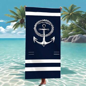 Serviette de plage à imprimé ancre bleu marine grande taille - séchage rapide, anti-sable, ultra douce et fine, design rectangulaire moderne, convient pour la piscine, les vacances et le camping, accessoire de bord de piscine | Motif | Tissu à séchage rapide, couverture de plage, essentiels de voyage, accessoires de plage