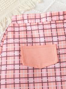 Conjunto de 2 piezas de top de manga corta y falda asimétrica con estampado de cuadros para niñas, adecuado para niñas de 4 a 7 años, casual, de calle, de fiesta, look de moda