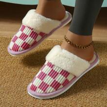 1 Coppia di Eleganti Ciabatte da Donna con Motivo a Quadri, Pantofole da Casa per Donne, Autunno/Inverno