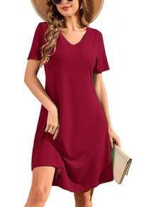 Women's Shirt Dress Short Sleeve Spring Summer Casual Loose Flowy Swing Midi Tunic Dresses - Black - View 7