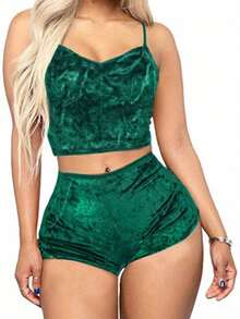 Womens Sexy Velvet Camisole Shorts Set Cute Bow Spaghetti Strap Solid Color Sleeveless Slim Sling Crop Top PJ Set With Shorts Lingerie Set Sleepwear Nightwear - 綠色 - 查看 1