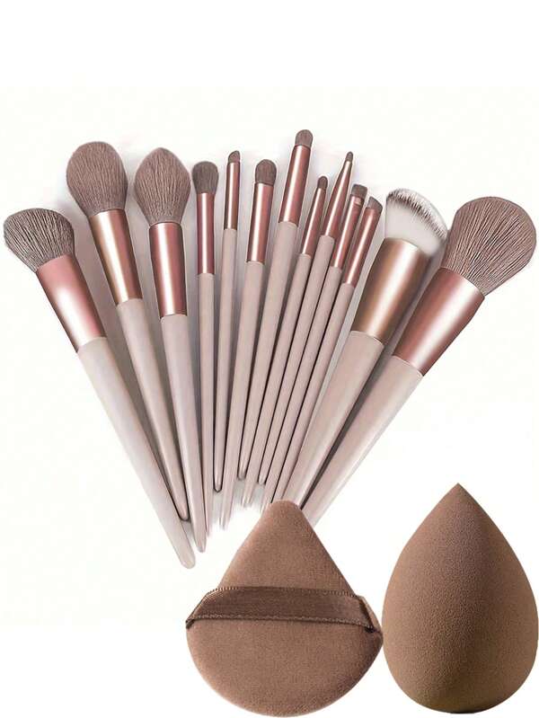 15pcs Makeup Tool Set, Includes 13pcs Soft Makeup Brushes + 2pcs Coffee Powder Puffs, Cosmetic Blending Sponges, Ideal For Fathers Day, Birthday, Summer, Y2K Elegant Makeup Party, Beach Travel, Camping, School, Festival, Gift For Rose Girl, Cosplay, Best Color, Charming Mood
