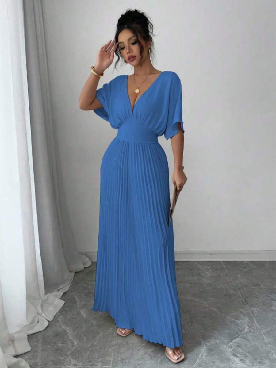 Women's Solid Color Batwing Sleeve Deep V Fashionable Pleated Dress - Blue - View 1