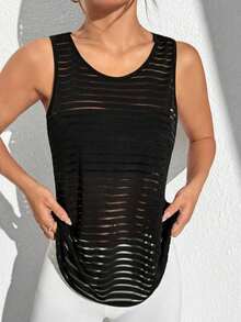 1 pieza Conjunto deportivo informal para mujer talla grande, top corto transparente de espalda de tirantes anchos - Negro - Ver 6