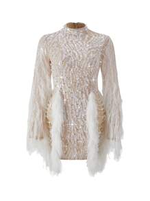 Nuevo vestido elegante de gala blanco para mujer con detalles de lentejuelas y plumas, sofisticado para eventos de banquete