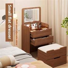 3 In 1 Vanity Desk With Plip Top Mirror, Small Make Up Vanity Set With Visible Glass Desktop, Compact Makeup Vanity With 3 Drawers,Cushioned Tool, Dressing Table For Bedroom - Quả óc chó - Xem 1