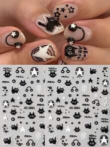 2 Peças Adesivos de Arte de Unhas Estilo Japonês com Gato Preto Música, Estrela Branca, Desenho Fofo de Animais, Decorações de Unhas DIY, Aplique uma camada de esmalte transparente ou top coat na superfície e suas unhas ficarão mais bonitas e os adesivos de unhas durarão mais.