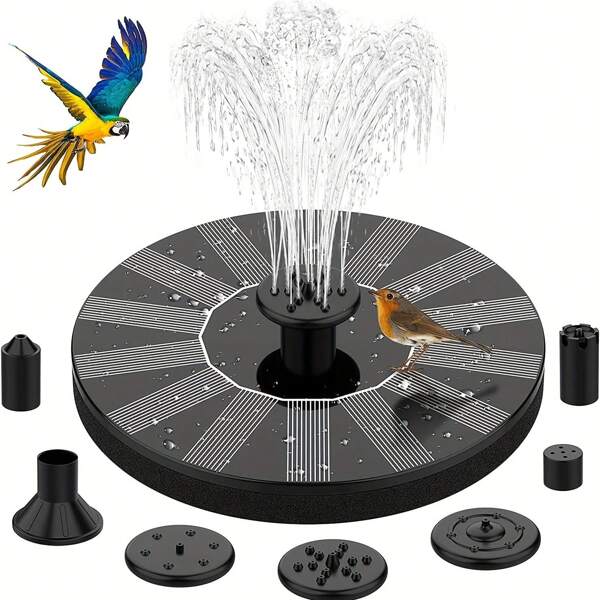 1 Stück Solar Betriebener Brunnen, Garten Landschaftsbrunnen Pumpe geeignet für Vögel, Bienen und Schmetterlinge - mit 2 Anschlussstäben und 8 Düsenstilen, kabelgebundene Solarstromversorgung, ohne Batterie benötigt, Outdoor Wasserelement, für Garten, kleinen Teich, Terrasse und Aquarium - Solar-Wassersäule, minimalistisch runde Form, Kunststoff, 3 Leistungsstufen: 1W/1,5W/2,5W