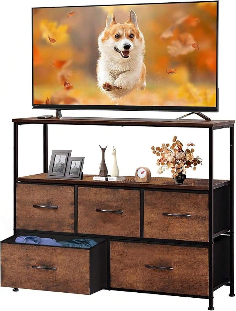 TV Stand Dresser For Bedroom With 5 Fabric Drawer,Entertainment Center For 45 Inch Television, Media Console Table With Storage, Open Shelf, Adjustable Feet, Living Room Furniture, Blac - 5 Fabric Drawers-rust - View 1