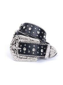 男女通用水钻镶嵌西式腰带，适合女性牛仔裤秋季、秋季、万圣节 - 黑與白 - 查看 4