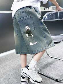 Tween Boys' Summer 2025 New Version Cartoon Print Jeans - Blue - View 5