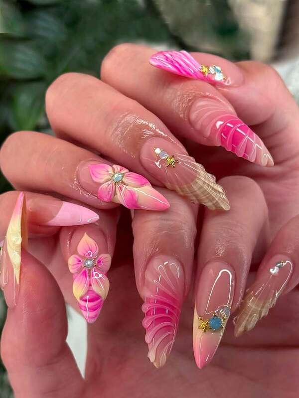 24 Pcs Of Almond-Shaped Acrylic Press On Nails Gift Box, Hot Summer Island Style, Sparkling Mermaid Pattern, Dreamy Blue And White Protein Diamond, Cute Mini Starfish, 3D Three-Dimensional Petals, Goose Yellow Gradient French Edge, Girl Gift, Vacation Surfing Essential Portable Fake Nails With Jelly Glue 1 Piece Of File Strip