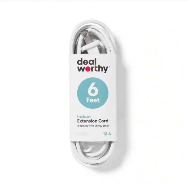 6' 3 Outlet Indoor Extension Cord White - Dealworthy: 6 Ft, 16 AWG, 13 Amp, Flat, Small, 2 Conductors