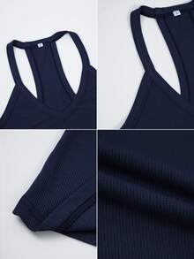 Women's Y2K Sexy Fitted Solid Color Sleeveless Round Neck Casual Sports Yoga Top - Navy Blue - View 9
