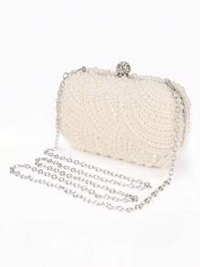 Bolso de mano estilo clutch de noche con perlas, con cierre de gancho, adornado con cristales, para boda, cena o fiesta, bolso de noche elegante para mujer, color blanco