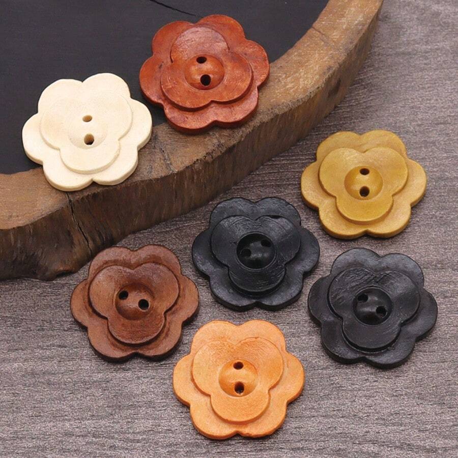 10pcs Vintage Wooden Buttons | Double-Sided Flower Design In Rich Red & Brown, Ideal For Coats, Blazers, Cardigans, And Crafts, Sewing Notions & Supplies - Multicolor - View 1