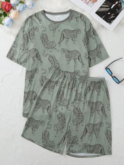 Men's Tiger Print Short Sleeve Short Pant Pajama Set, Lightweight Summer Sleepwear Suit