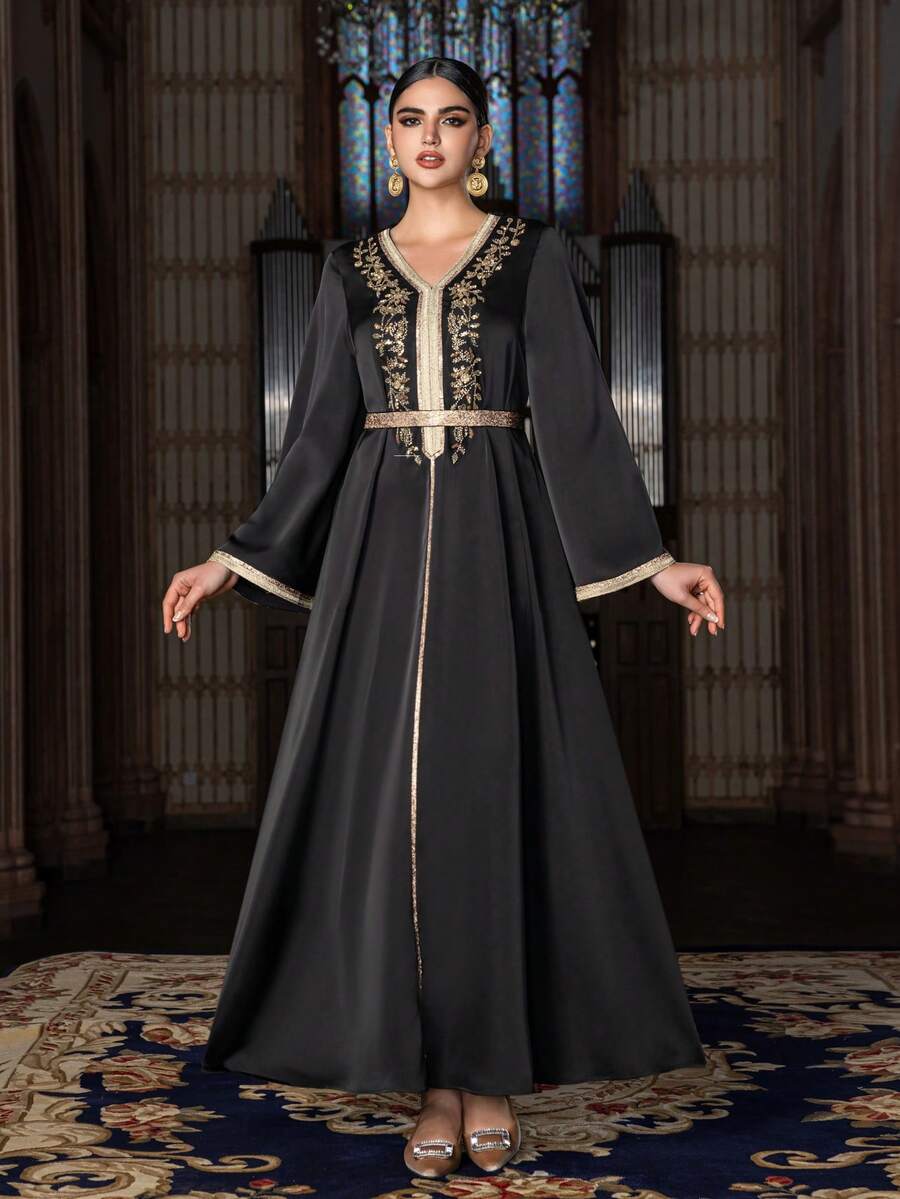 Faeriesty Abaya de lujo de satén para vestidos de noche con bordado de cuentas y cinturón ajustable en la cintura - Diseño de cuello en V de manga larga, patrones florales con inspiración retro y detalles con cristales para galas de noche, banquetes de boda y eventos de alfombra roja de alta gama